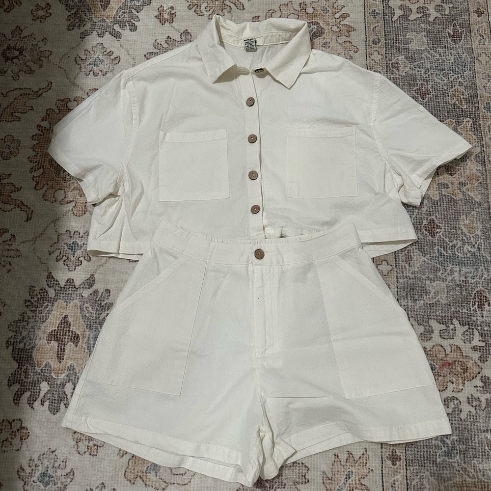 Women's Cream Button-Up Shirt and Shorts Set